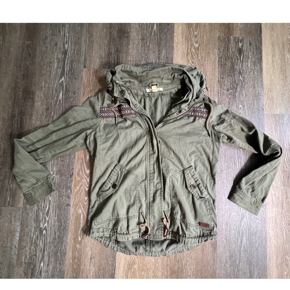 Roxy Utility Jacket Womens Medium Olive Green Hooded Embroidered Boho Military